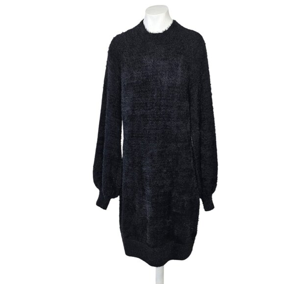 Bardot Fuzzy Black Sweater Dress, Balloon Sleeve, Bodycon, High Neck, Size Large - Picture 1 of 8
